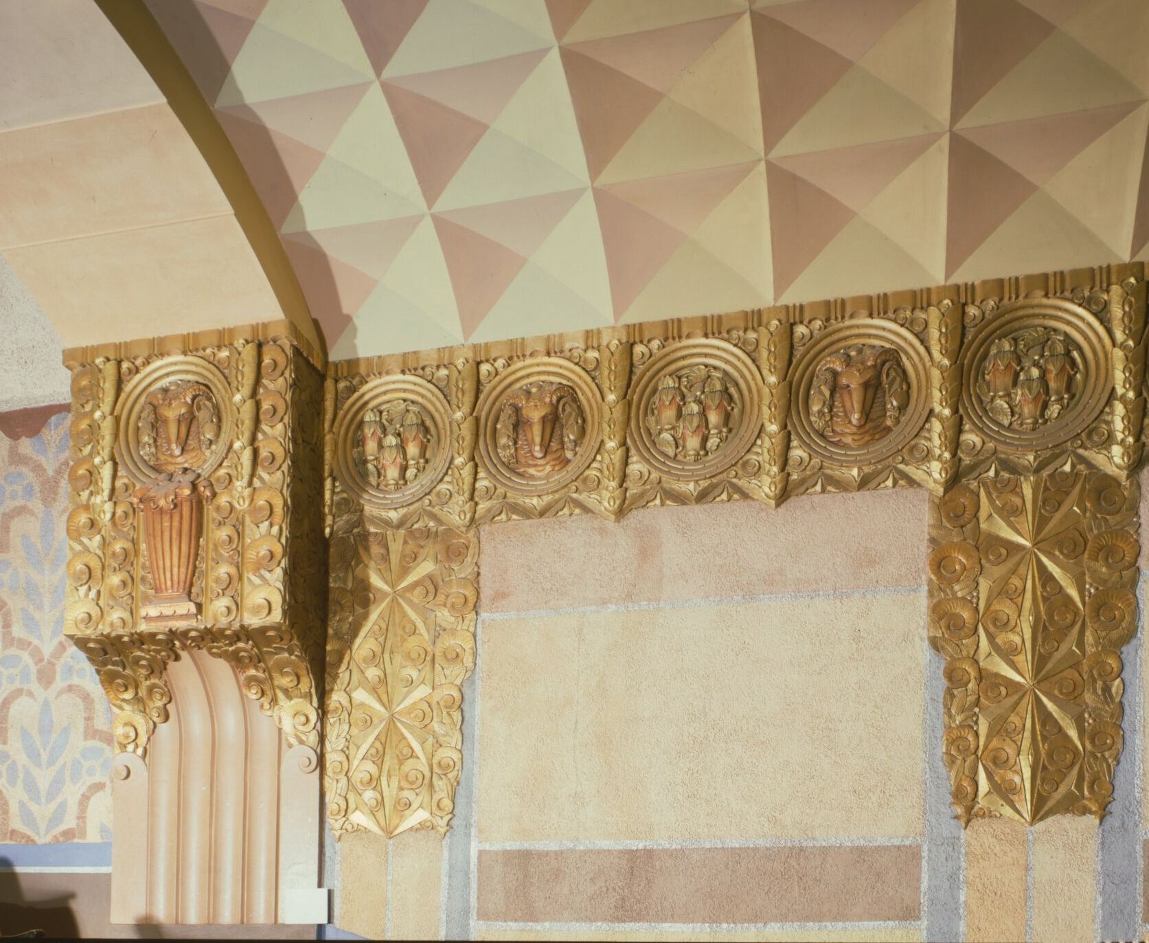 Gilded cornice moulding with ram's head medallions in the Washoe Theater